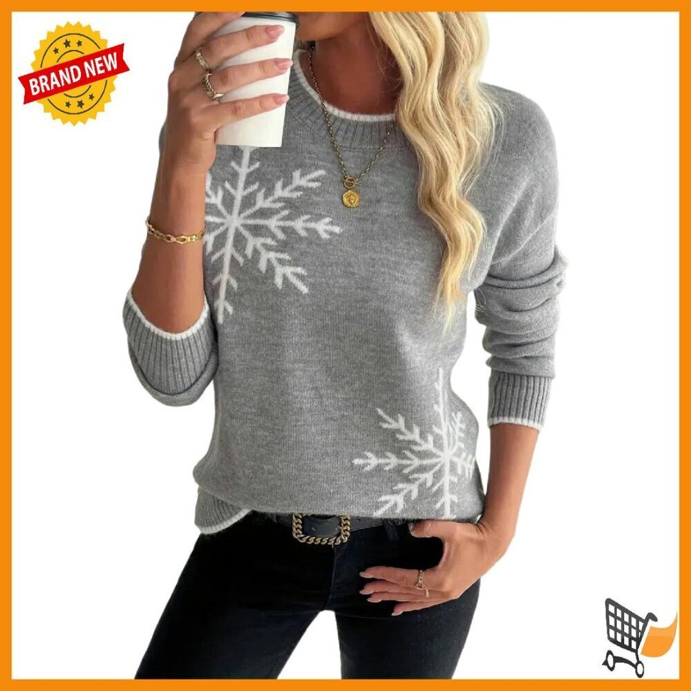 Snowflake Knit Pullover Sweater Women's Crewneck Long Sleeve Loose Fit